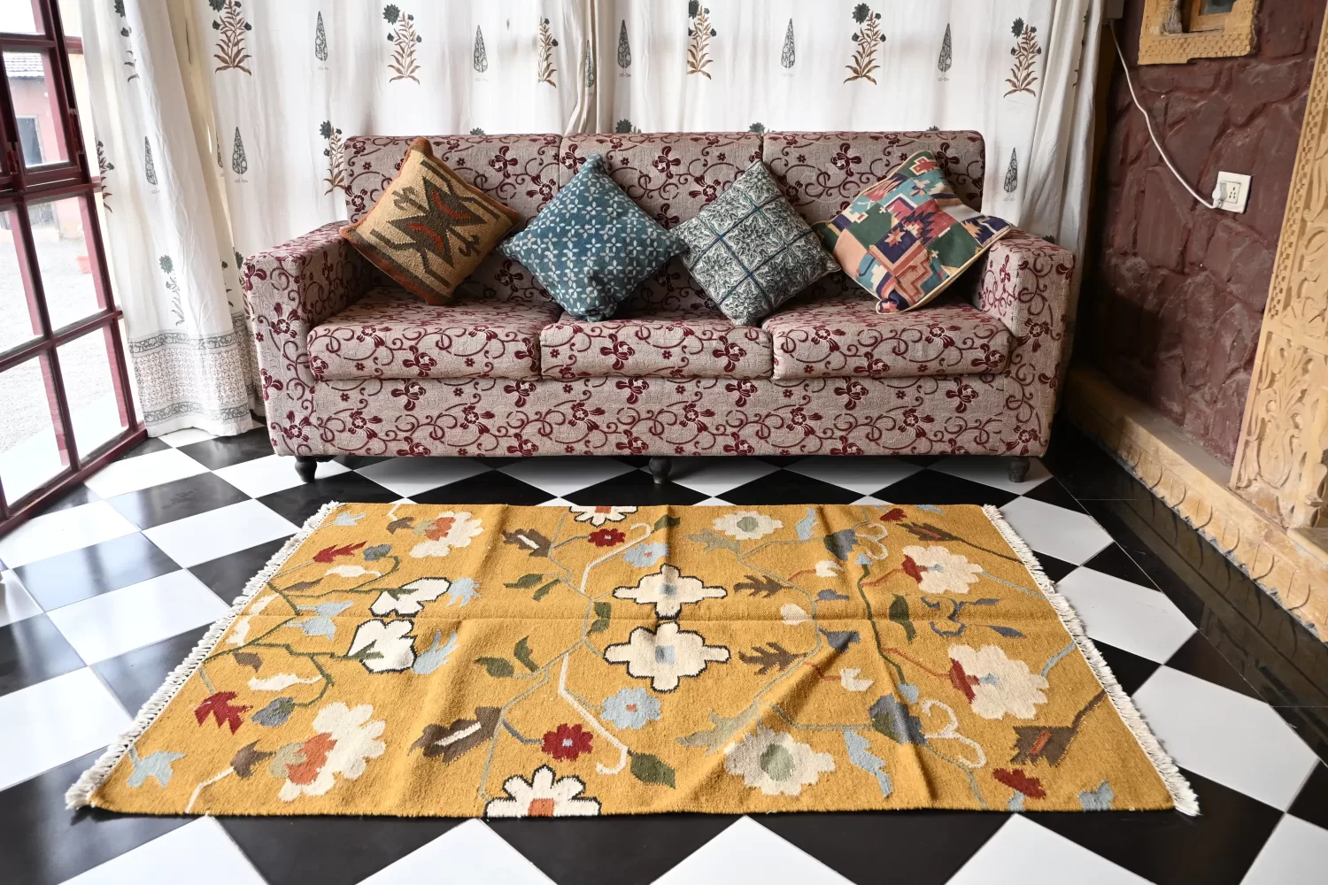 Golden Yellow Floral Dhurrie Washable Area Rug 4x6 ft | Rugmoda - Main View yellow area rugs golden yellow Rugmoda