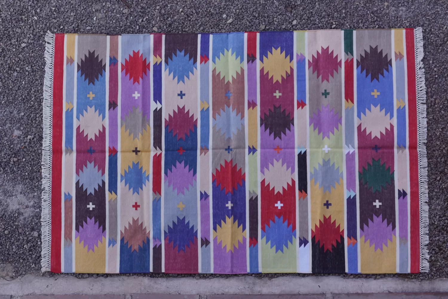 Colorful Striped Geometric Dhurrie Cotton Area Rug, 4x6 ft | Rugmoda - Main View colorful rugs colorful Rugmoda