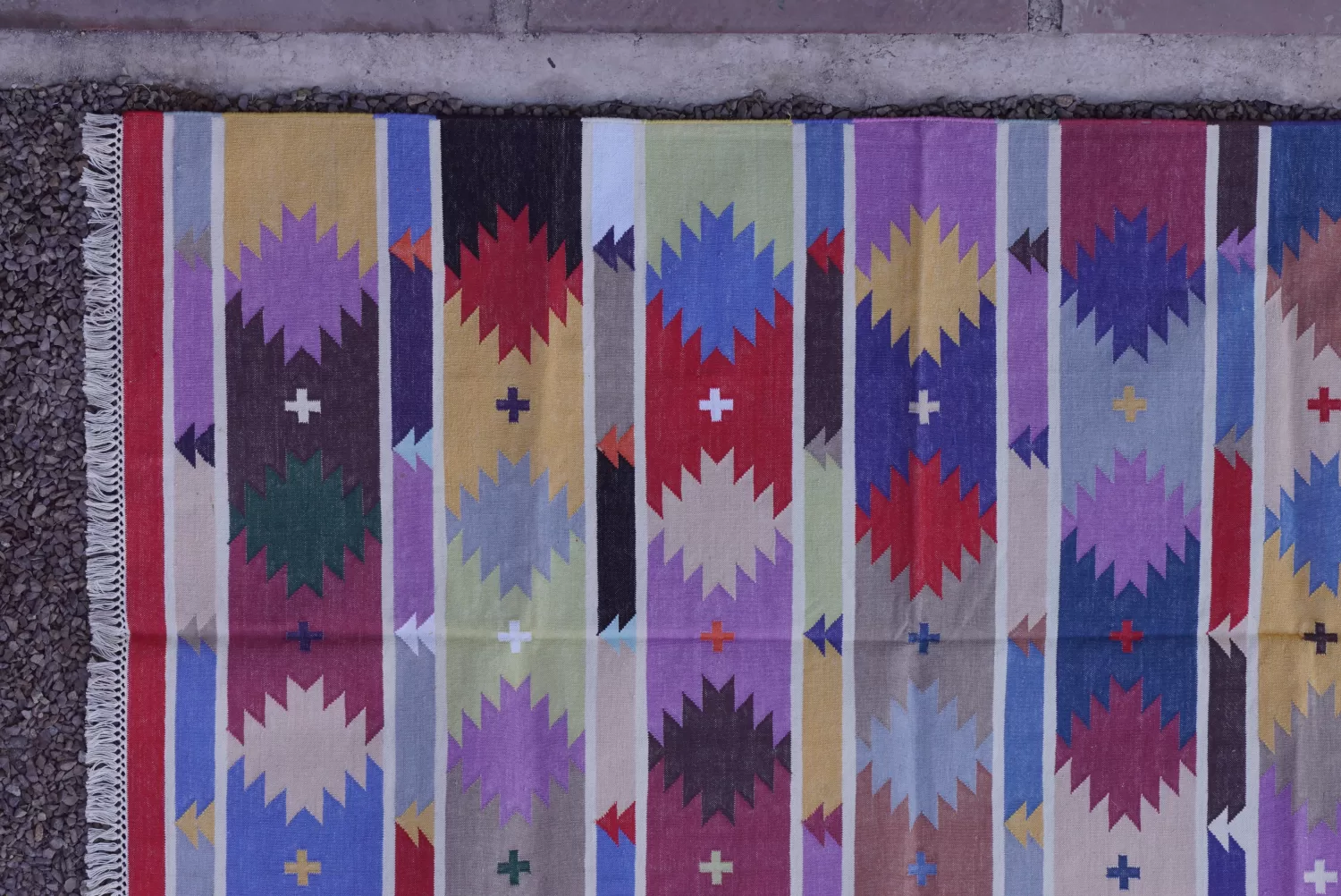 Colorful Striped Geometric Dhurrie Cotton Area Rug, 4x6 ft | Rugmoda - Size Reference cotton dhurrie custom sizes made to order Rugmoda