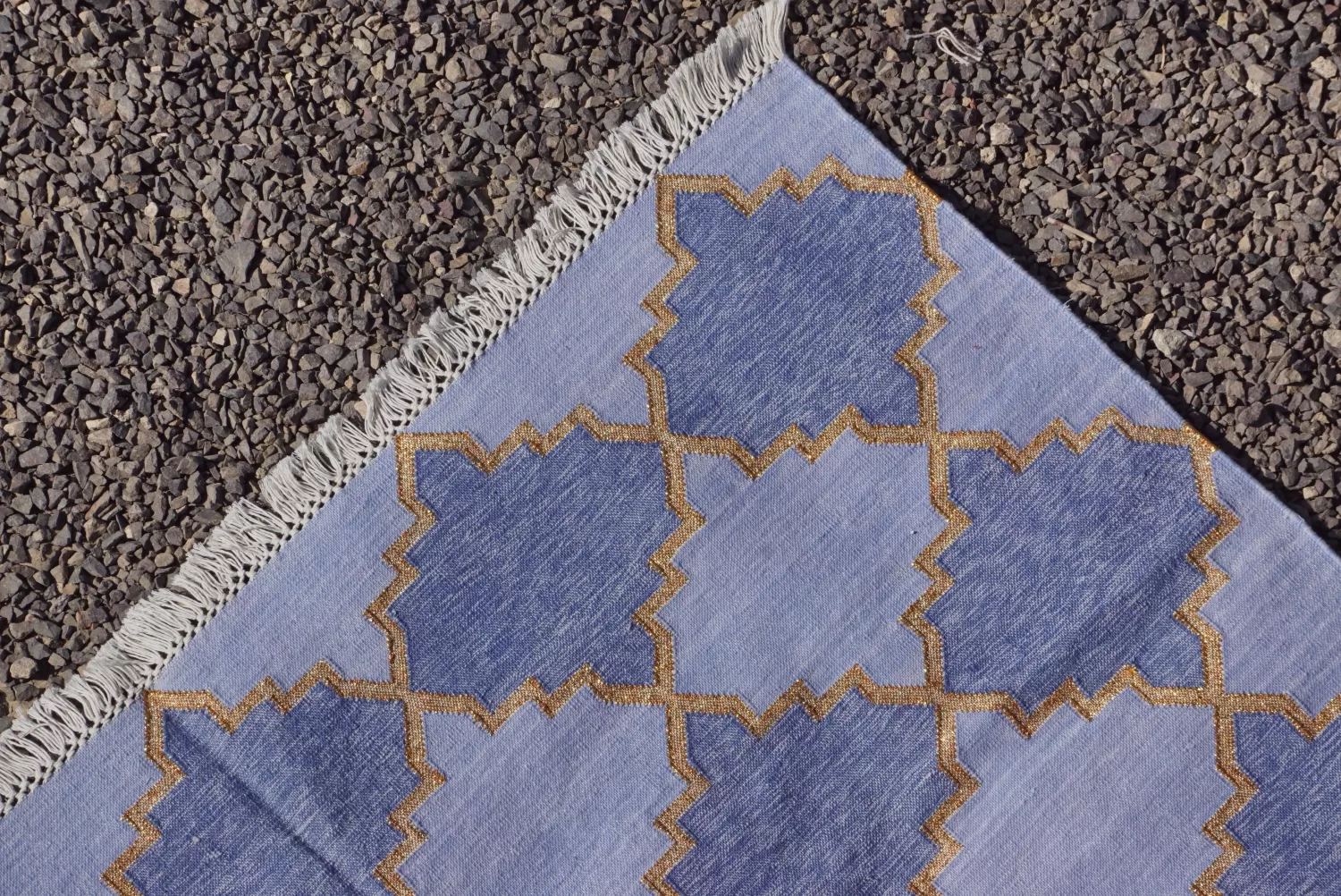 reversible light blue cotton rug handmade Jodhpur