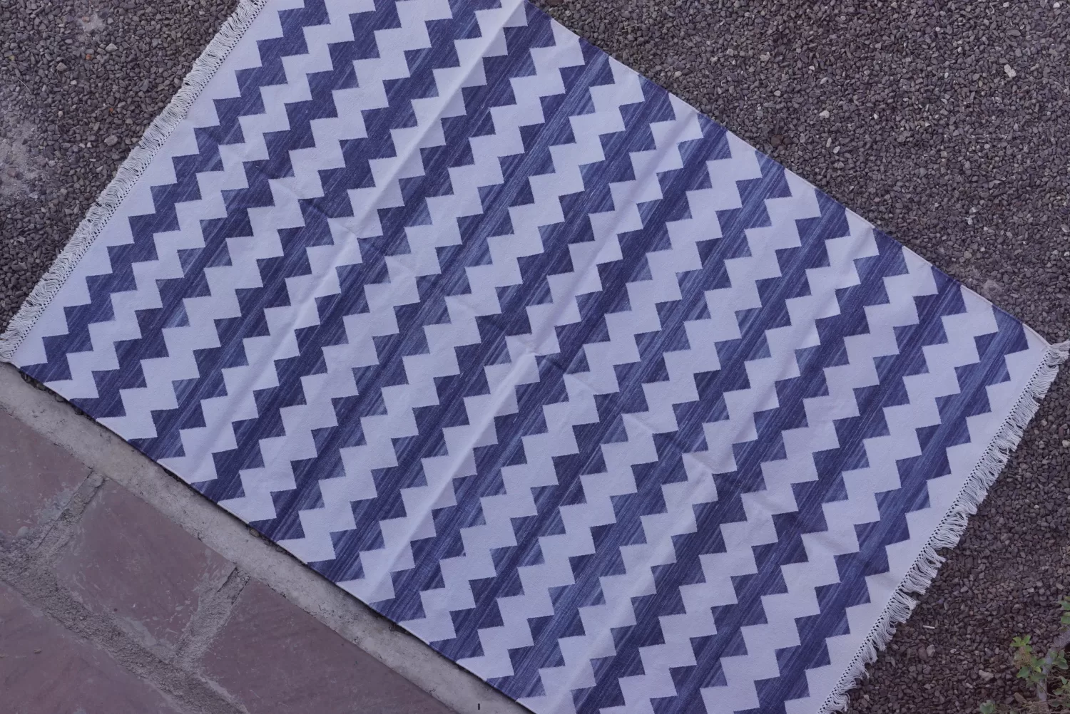 reversible dusty blue cotton rug handmade Jodhpur