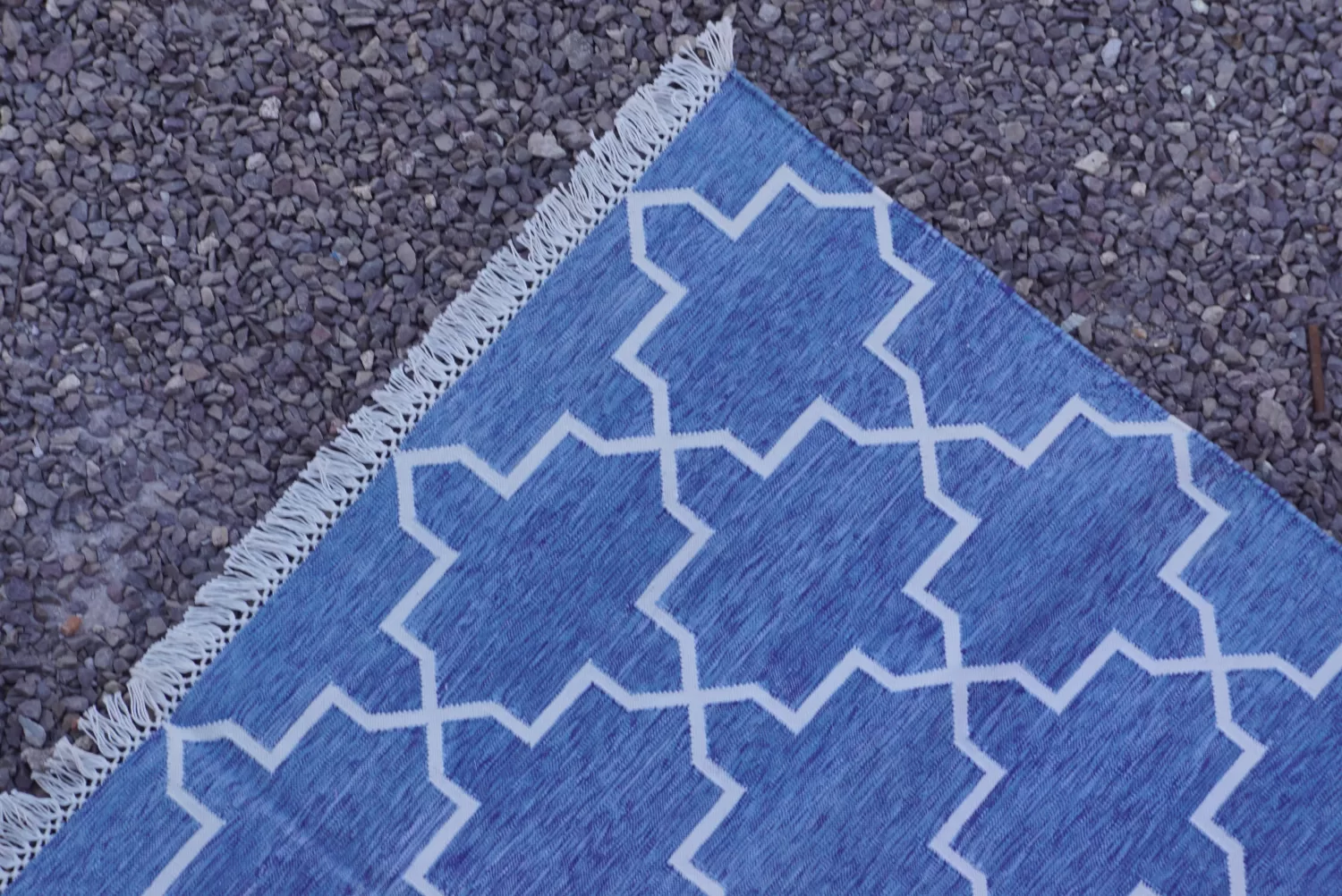 reversible muted blue cotton rug handmade Jodhpur