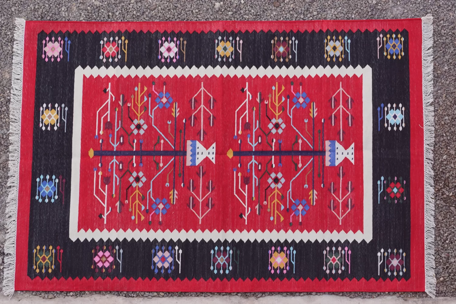 Tribal Folkloric Tree of Life Cotton Area Rug, Red & Black, 4x6 ft | Rugmoda - Main View area rugs for living room red Rugmoda