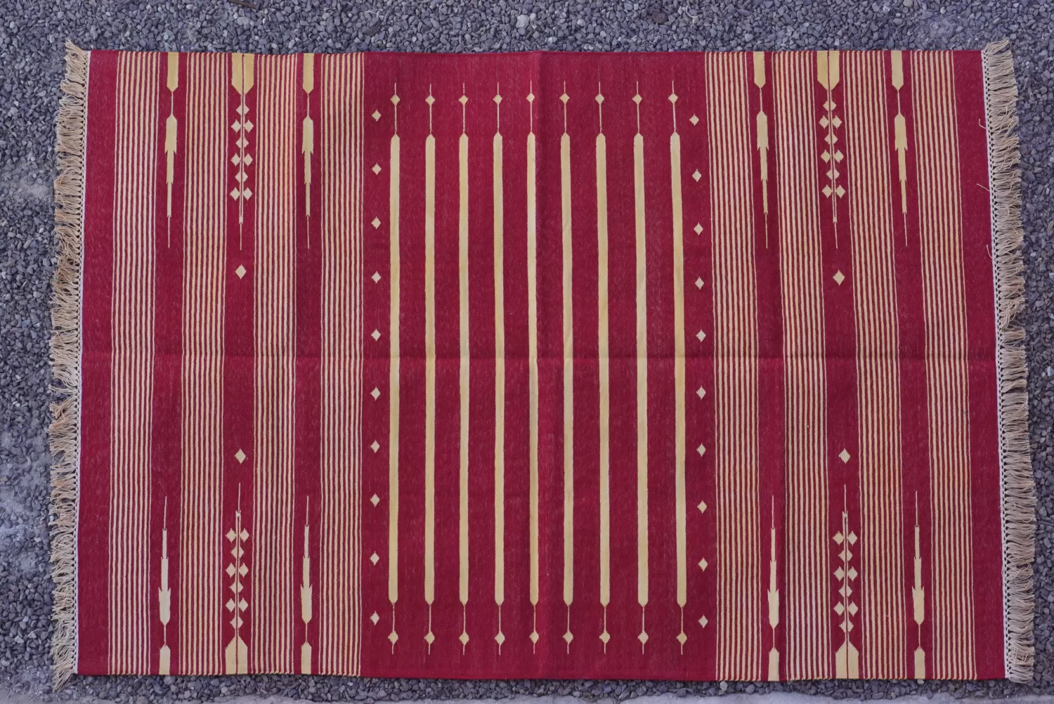 Deep Red & Beige Striped Dhurrie Area Rug, 4x6 ft | Rugmoda - Main View red area rugs deep red Rugmoda