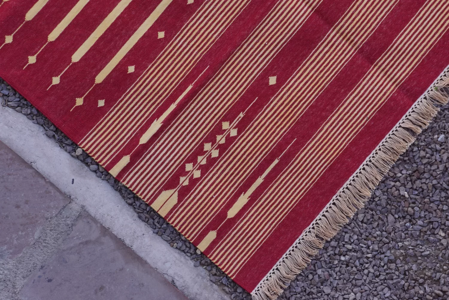 Deep Red & Beige Striped Dhurrie Area Rug, 4x6 ft | Rugmoda - Lifestyle red area rugs deep red boho living room decor