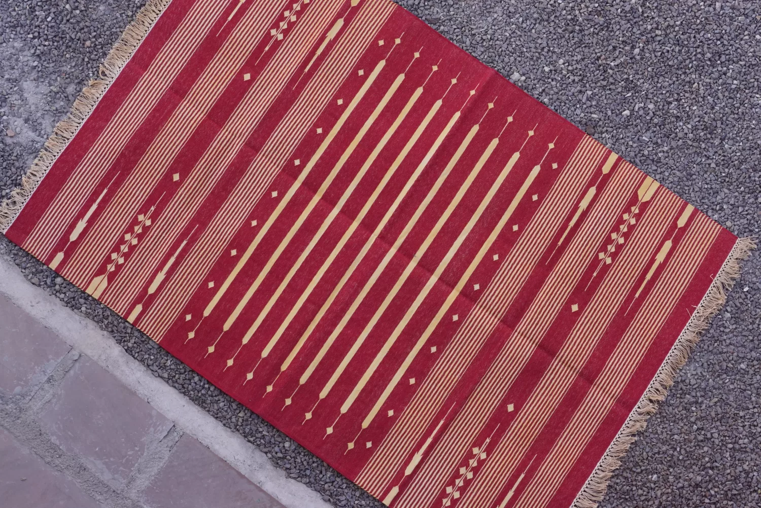 Deep Red & Beige Striped Dhurrie Area Rug, 4x6 ft | Rugmoda - Size Reference cotton dhurrie custom sizes made to order Rugmoda