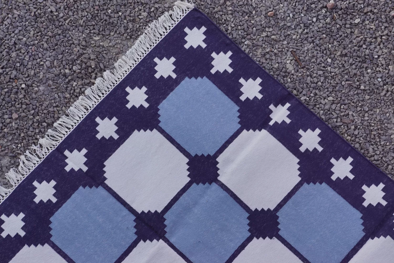 dark blue cotton dhurrie rug flatweave texture