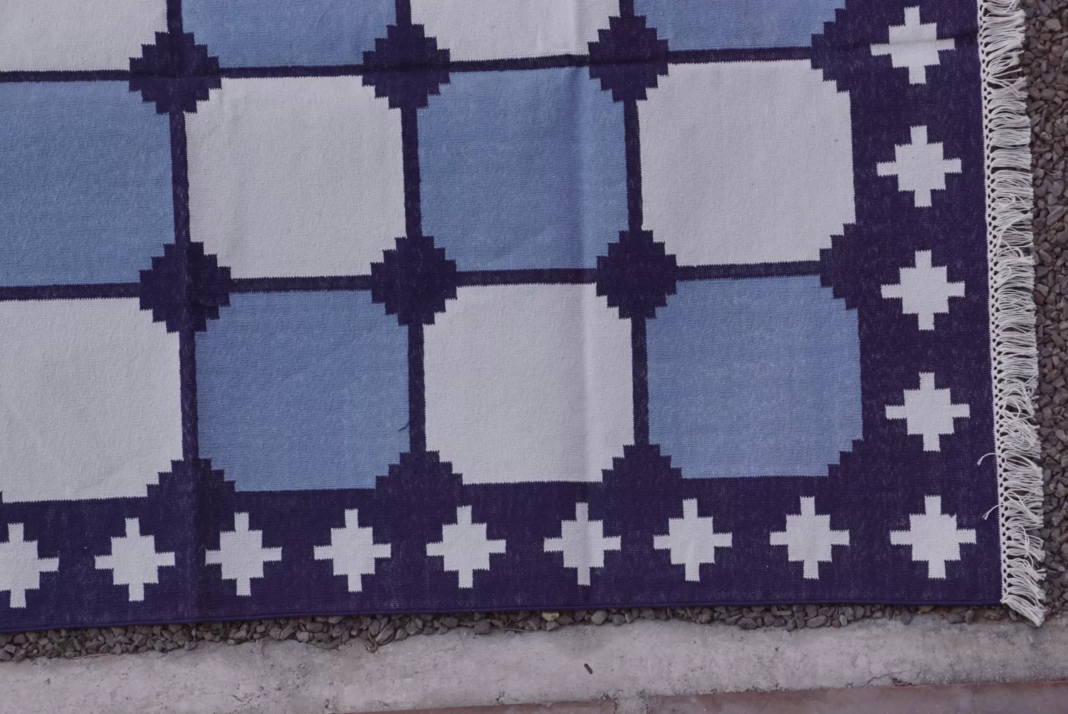 reversible dark blue cotton rug handmade Jodhpur