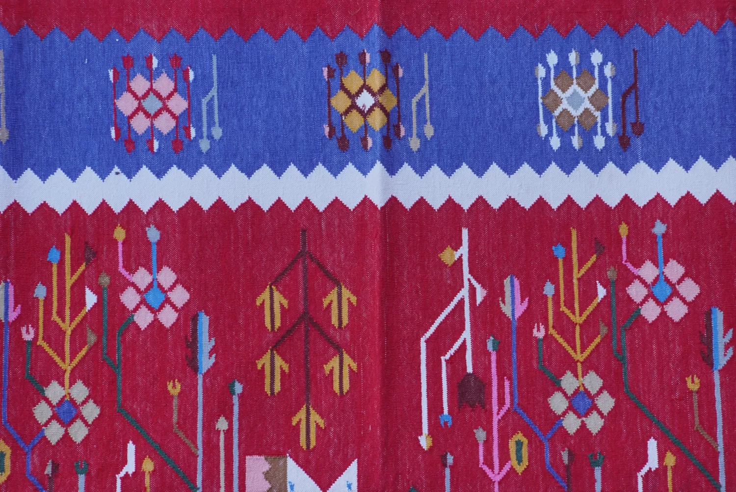 Colorful Tribal Folkloric Cotton Area Rug, Red Blue 4x6 ft | Rugmoda - Size Reference cotton dhurrie custom sizes made to order Rugmoda