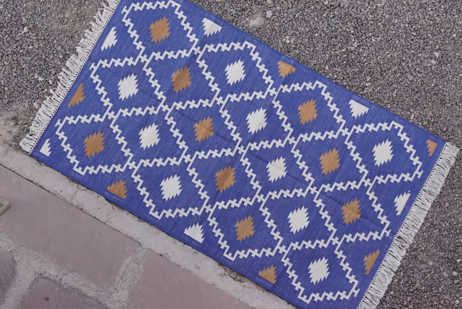 reversible royal blue cotton rug handmade Jodhpur