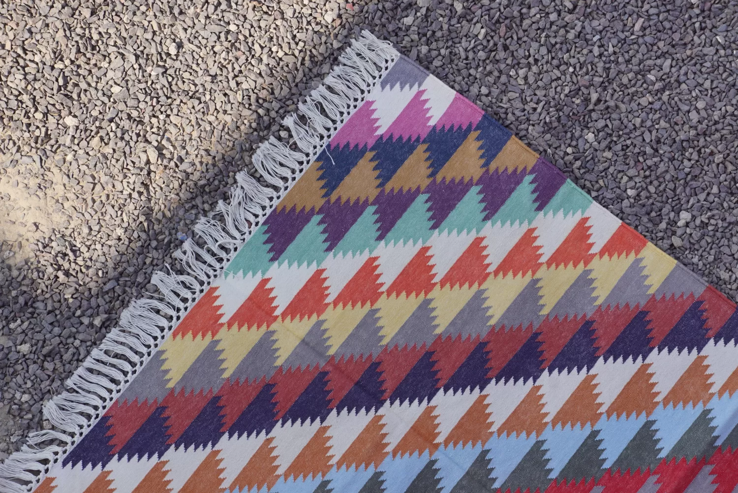 Vibrant Multi-Color Geometric Cotton Area Rug 3x5 ft | Rugmoda - Texture Detail multi-color cotton dhurrie rug flatweave texture