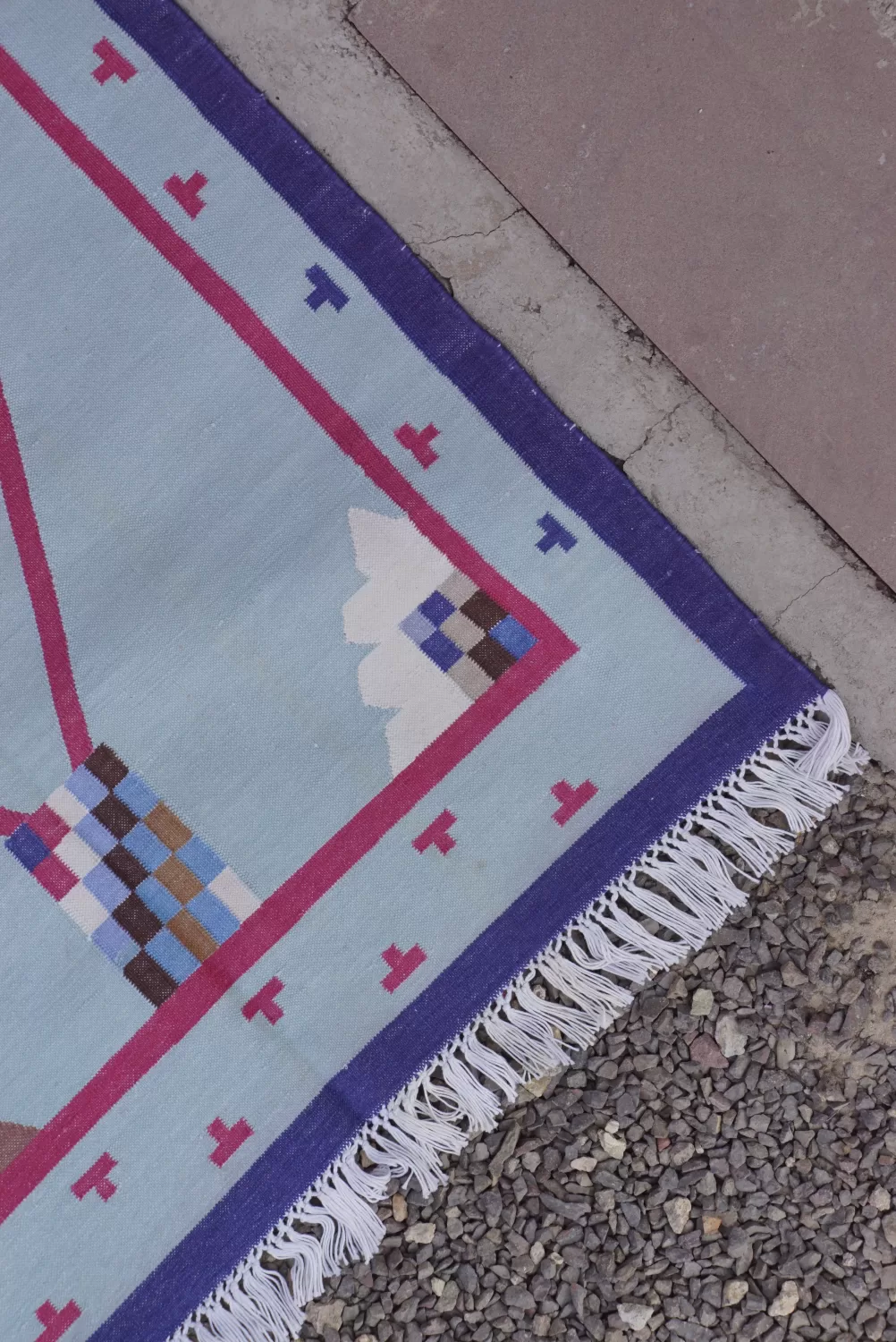 Geometric Diamond Blue Area Rug, 3x5 ft | Rugmoda - Reverse Side reversible light blue cotton rug handmade Jodhpur