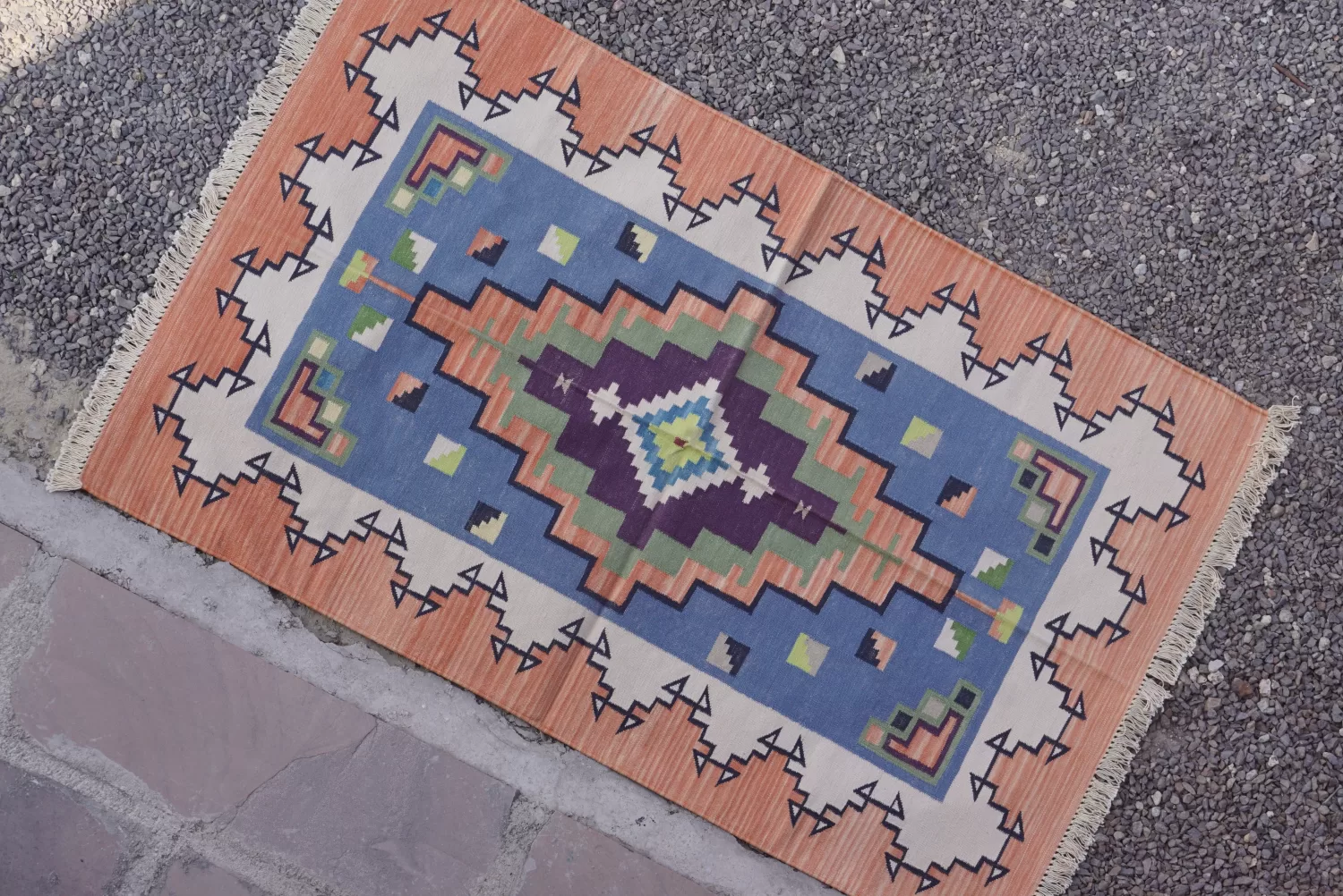 reversible dusty blue cotton rug handmade Jodhpur