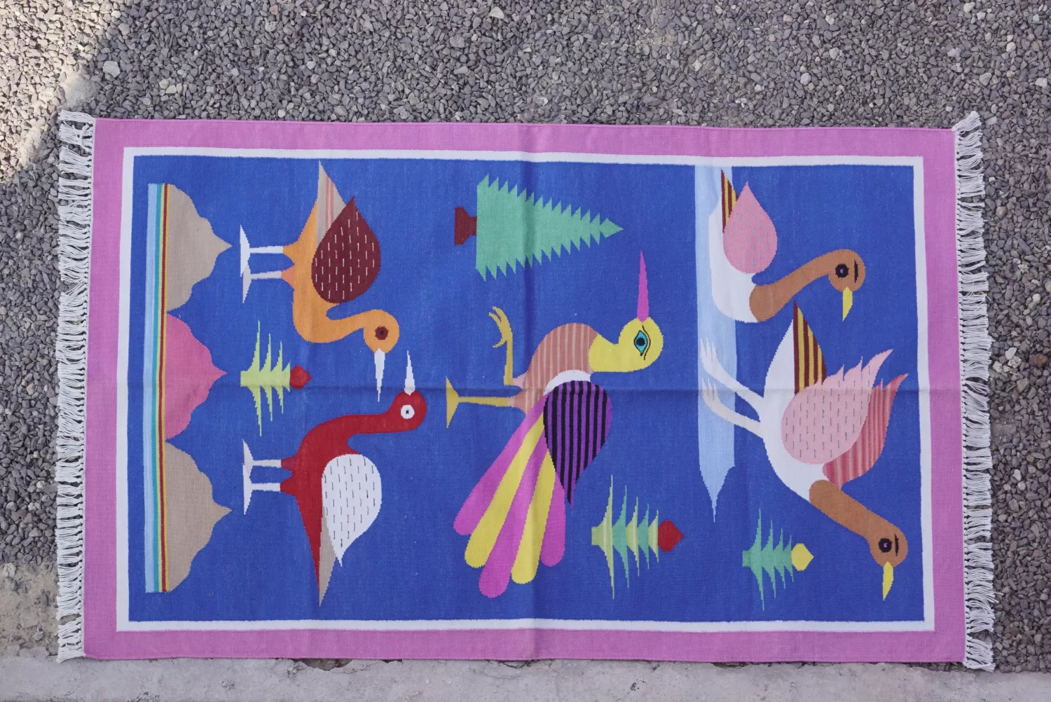 Abstract Bird & Tree Motif Colorful Area Rug, 3x5 ft | Rugmoda - Main View colorful area rugs blue Rugmoda