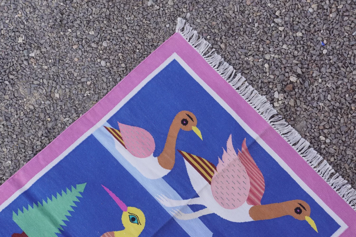 Abstract Bird & Tree Motif Colorful Area Rug, 3x5 ft | Rugmoda - Reverse Side reversible blue cotton rug handmade Jodhpur