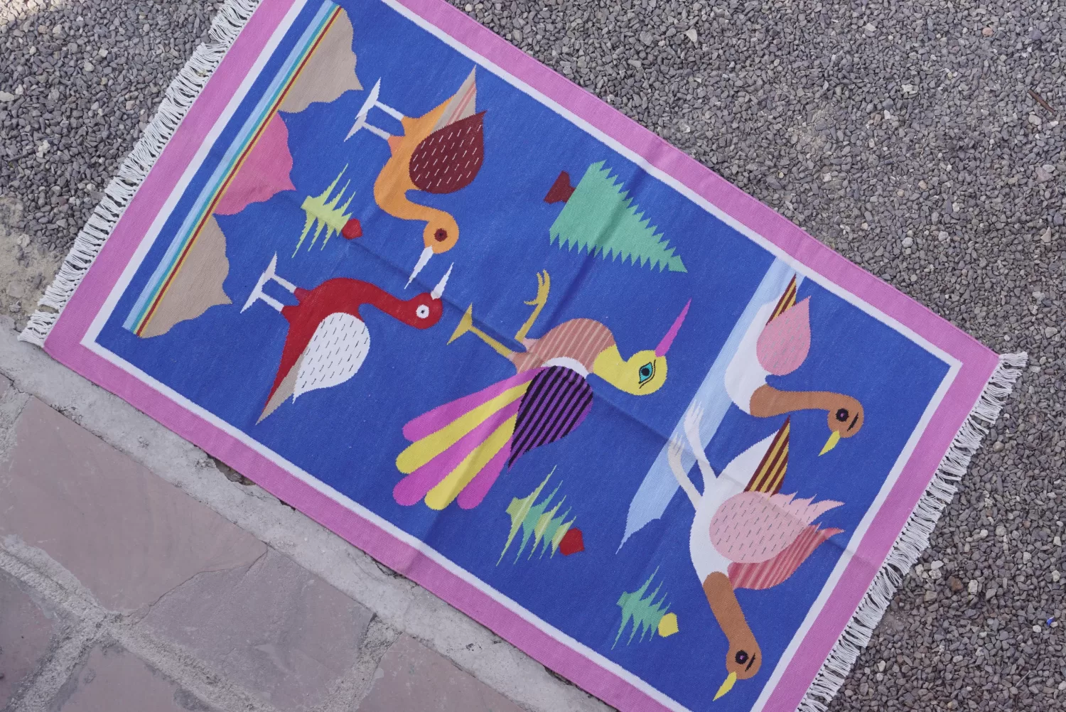 Abstract Bird & Tree Motif Colorful Area Rug, 3x5 ft | Rugmoda - Lifestyle colorful area rugs blue boho living room decor