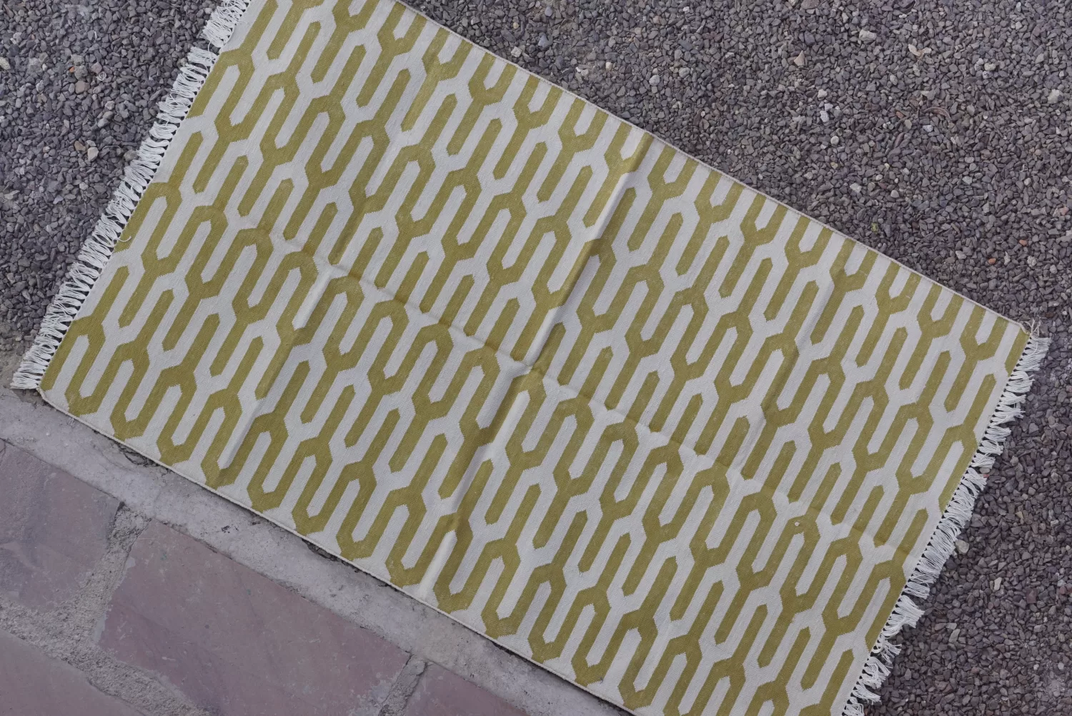 Geometric Interlocking Cotton Area Rug, Olive Green & Cream, 3x5 ft | Rugmoda - Size Reference cotton dhurrie custom sizes made to order Rugmoda