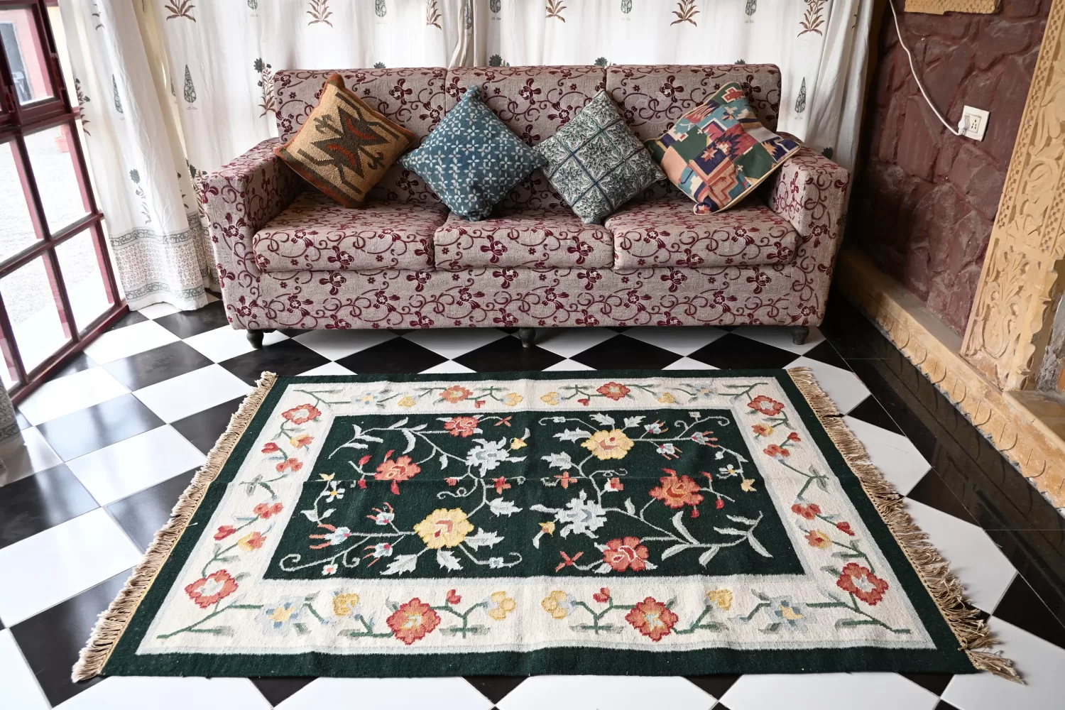 dark green wool dhurrie rug flatweave texture