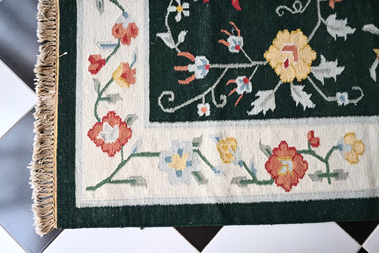 reversible dark green wool rug handmade Jodhpur