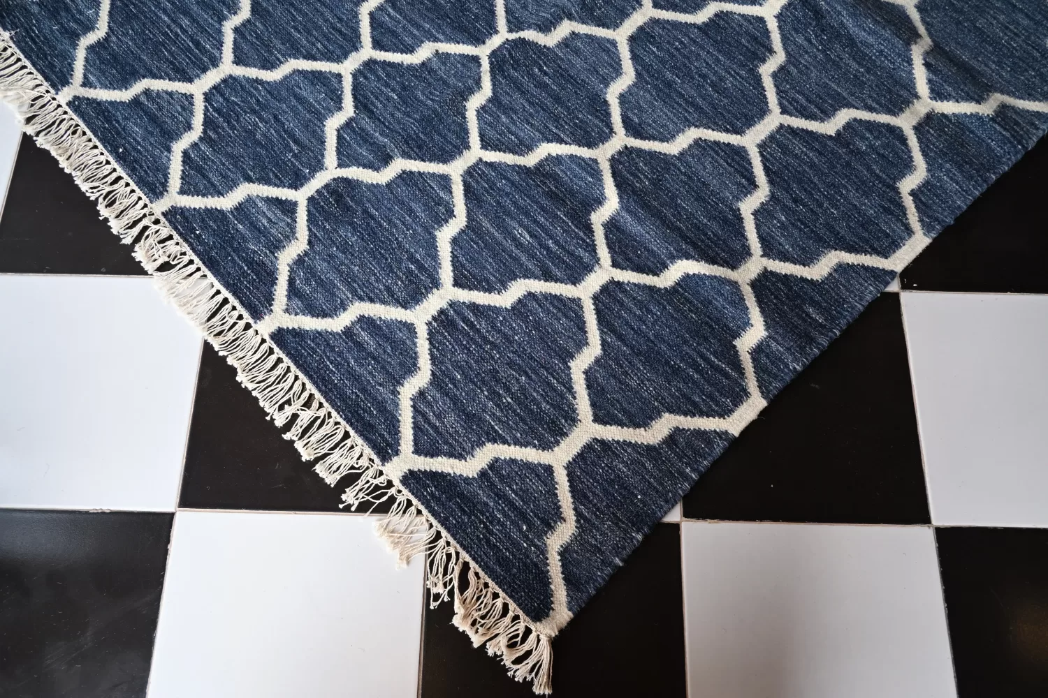 reversible denim blue wool rug handmade Jodhpur