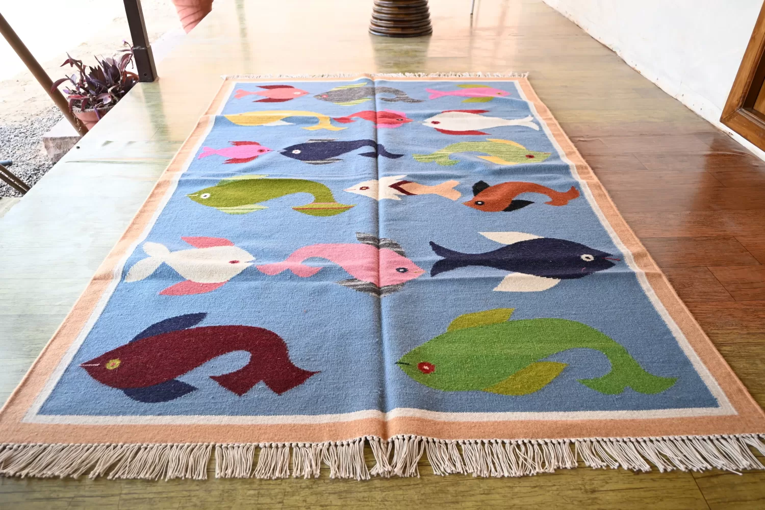 light blue wool dhurrie rug flatweave texture