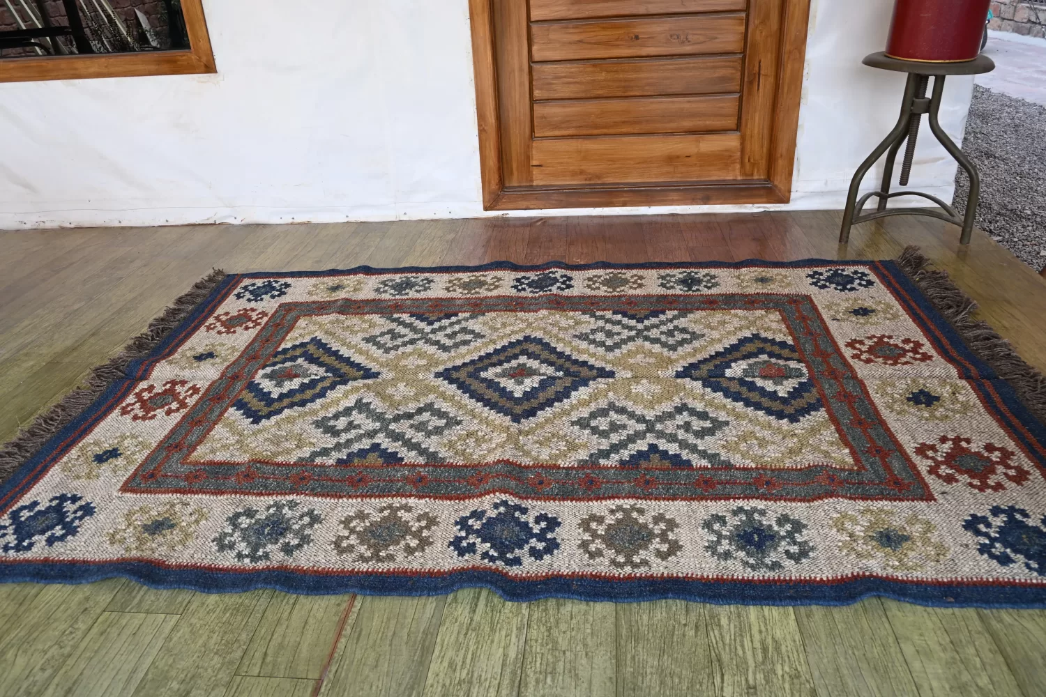 blue wool dhurrie rug flatweave texture