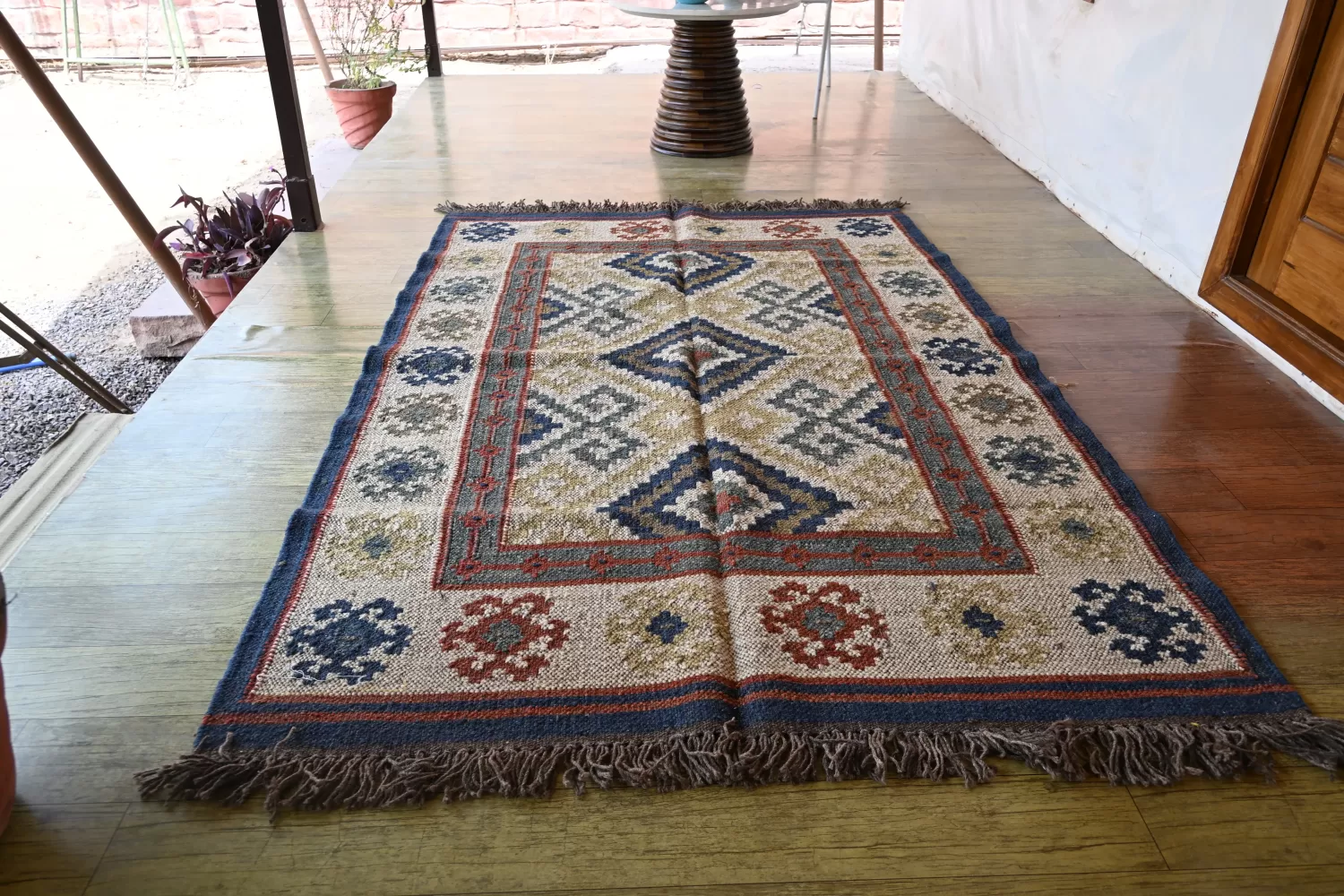 reversible blue wool rug handmade Jodhpur