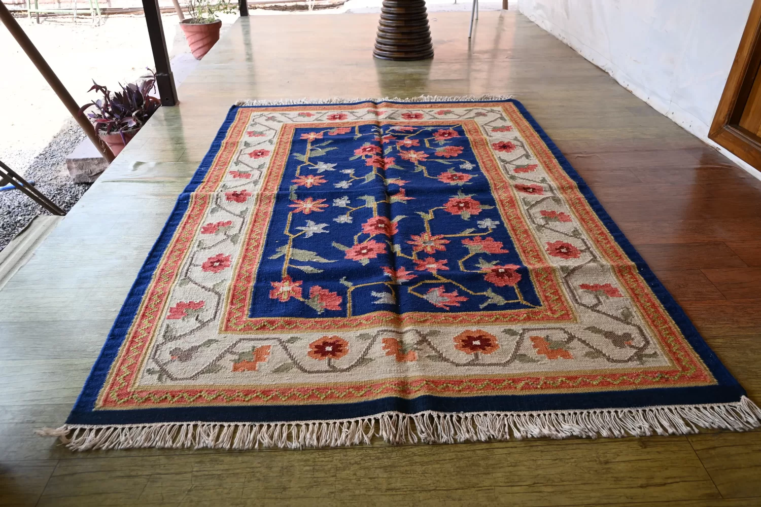 blue wool dhurrie rug flatweave texture