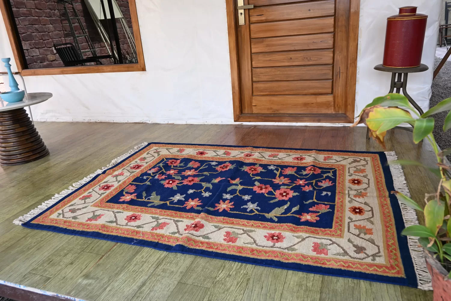 reversible blue wool rug handmade Jodhpur