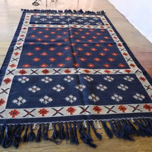 navy blue wool dhurrie rug flatweave texture