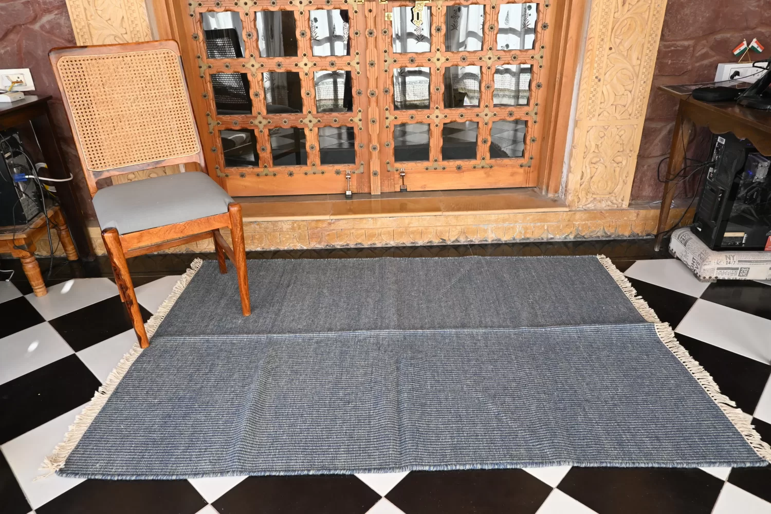 blue-grey wool dhurrie rug flatweave texture