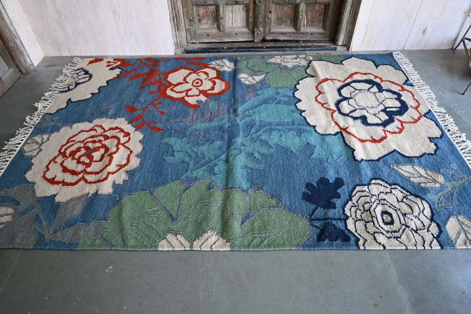 blue wool dhurrie rug flatweave texture