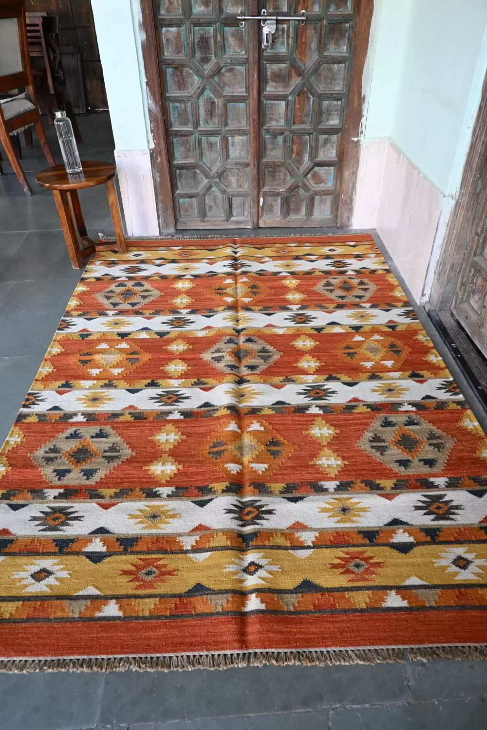 reversible burnt orange wool rug handmade Jodhpur