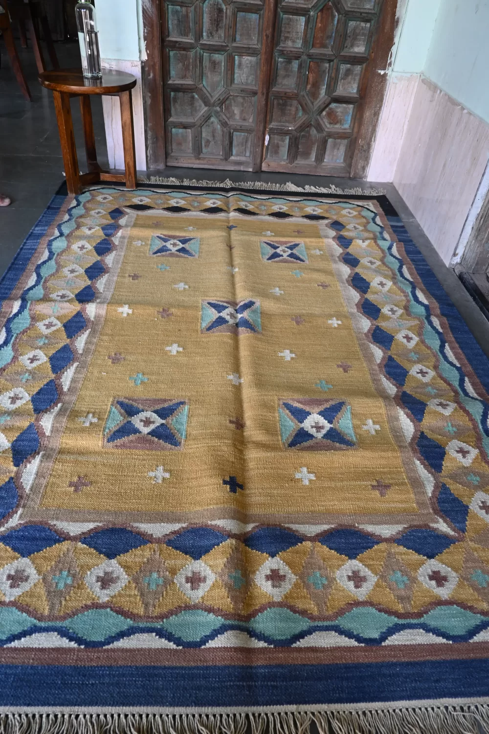 mustard yellow wool dhurrie rug flatweave texture