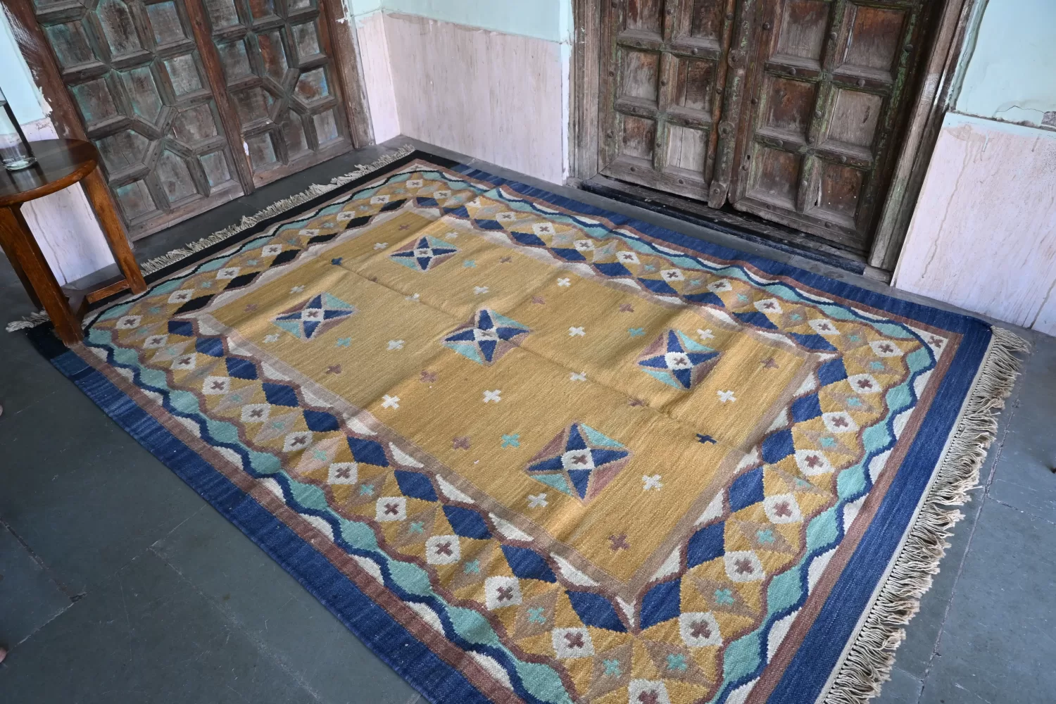 reversible mustard yellow wool rug handmade Jodhpur