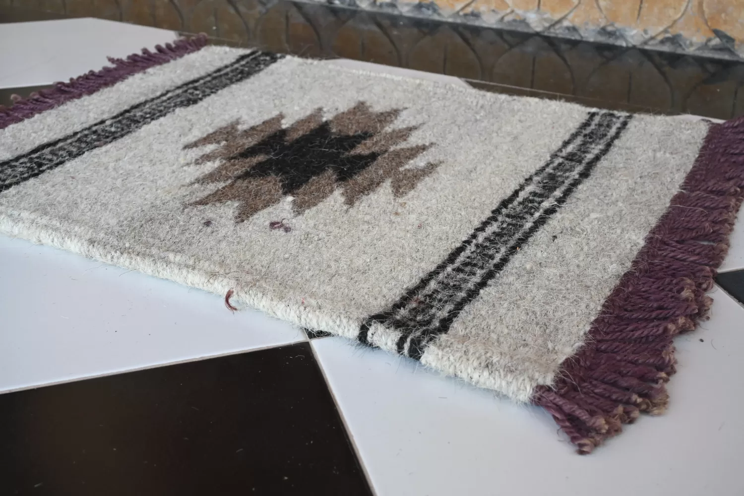 light grey camel & goat hair dhurrie rug flatweave texture