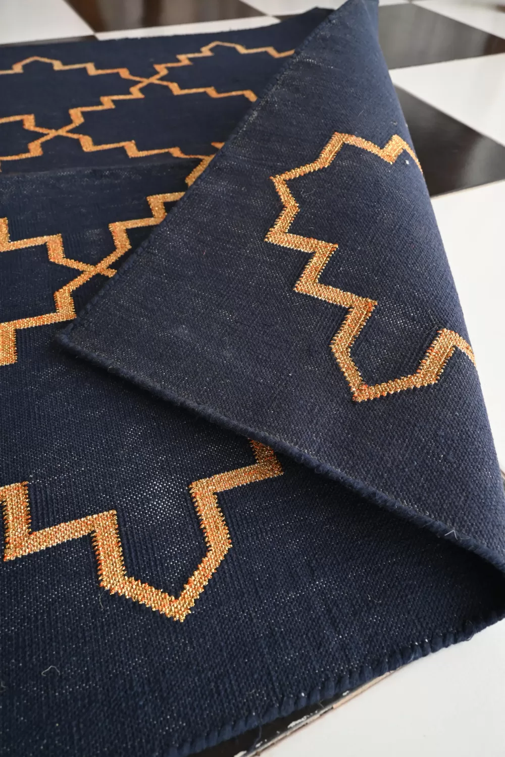 Washable Area Rugs Navy Blue Geometric Stepped Star Lattice 2.5x5 ft | Rugmoda - Lifestyle washable area rugs navy blue boho living room decor