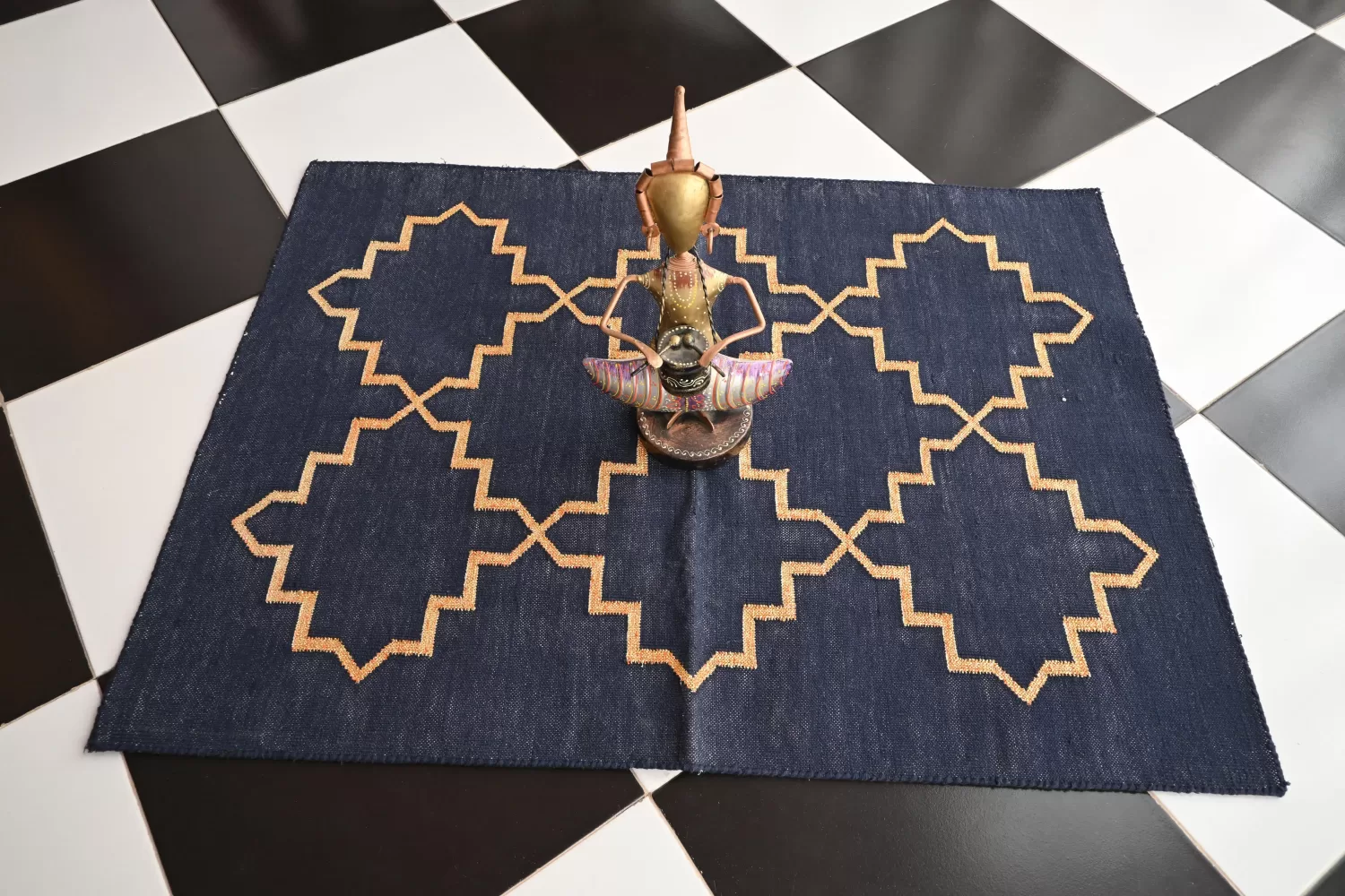 Washable Area Rugs Navy Blue Geometric Stepped Star Lattice 2.5x5 ft | Rugmoda - Size Reference cotton dhurrie custom sizes made to order Rugmoda