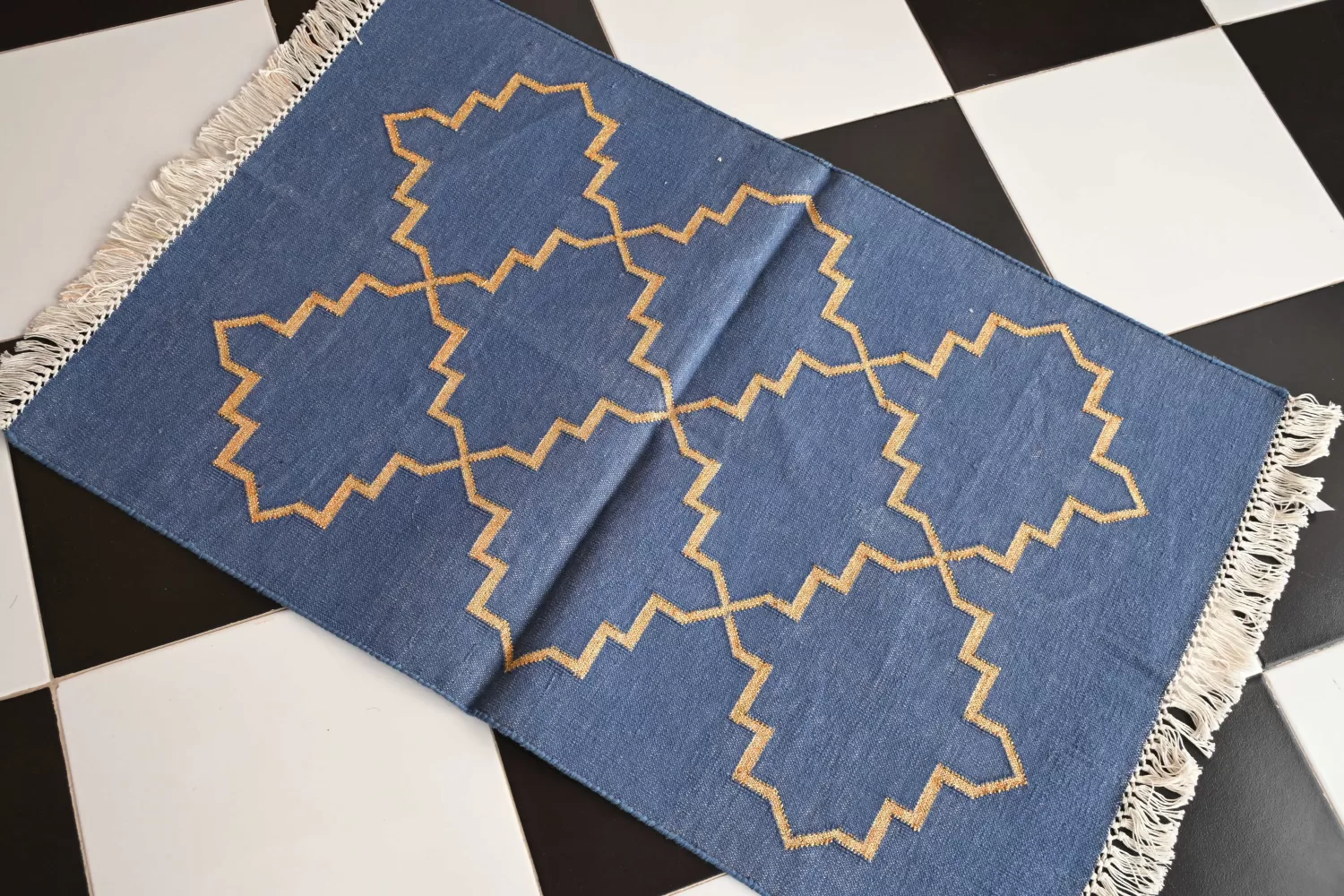 Contemporary Geometric Runner Rugs, Blue & Tan, 2.5x5 ft | Rugmoda - Main View runner rugs denim blue Rugmoda