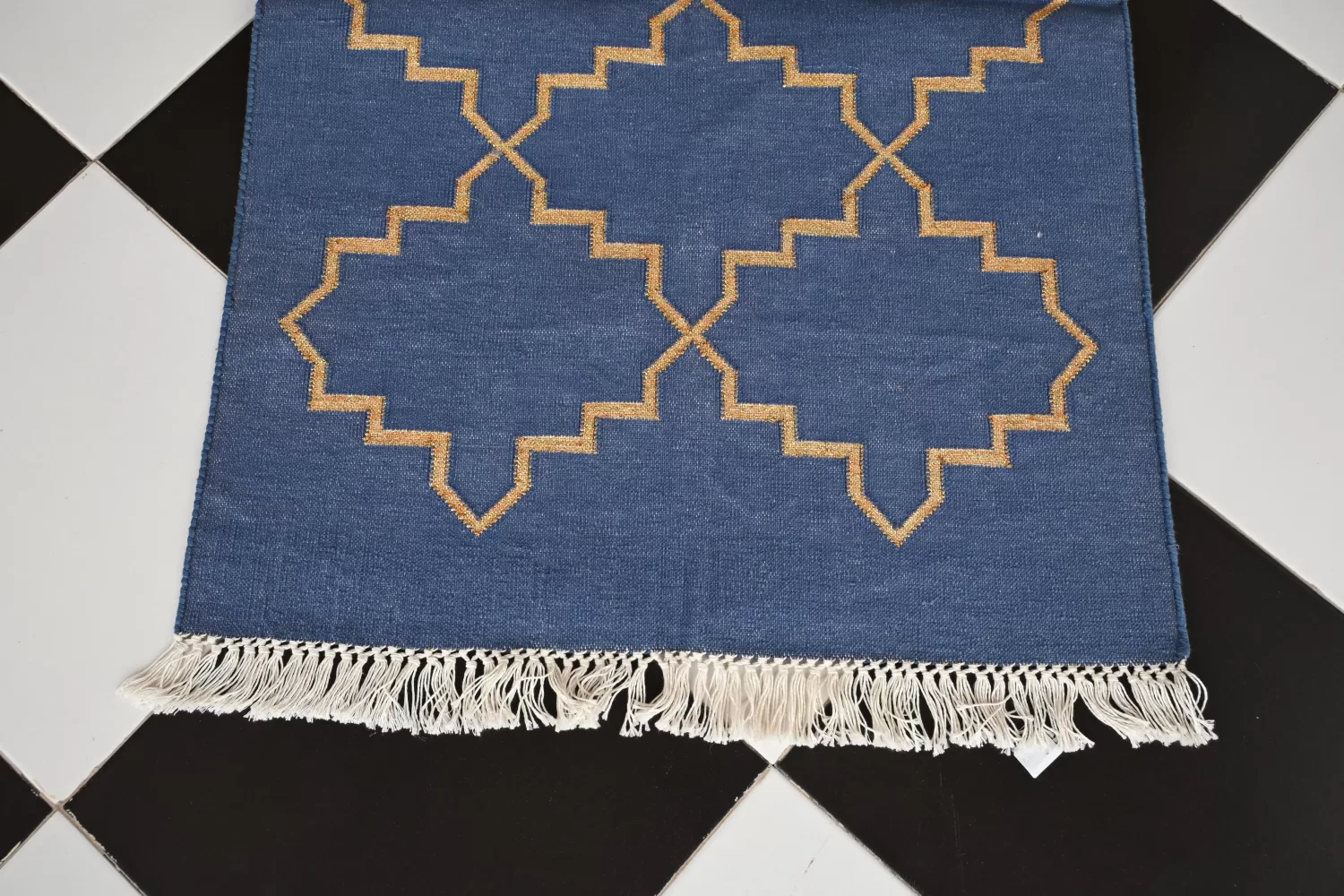 Contemporary Geometric Runner Rugs, Blue & Tan, 2.5x5 ft | Rugmoda - Reverse Side reversible denim blue cotton rug handmade Jodhpur