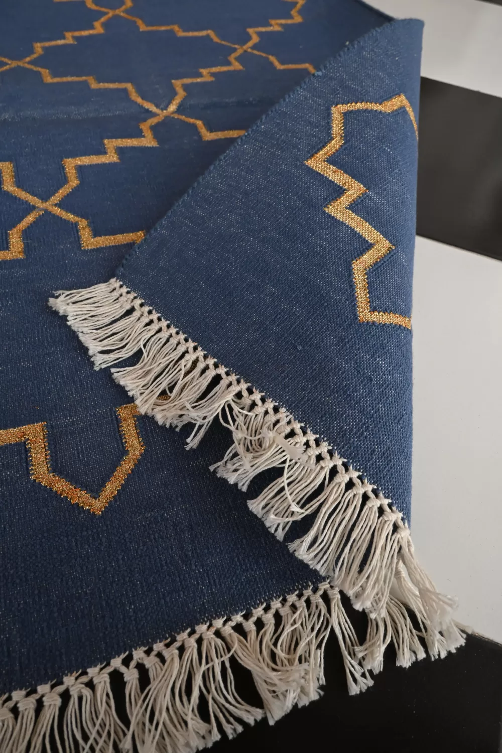 Contemporary Geometric Runner Rugs, Blue & Tan, 2.5x5 ft | Rugmoda - Lifestyle runner rugs denim blue boho living room decor