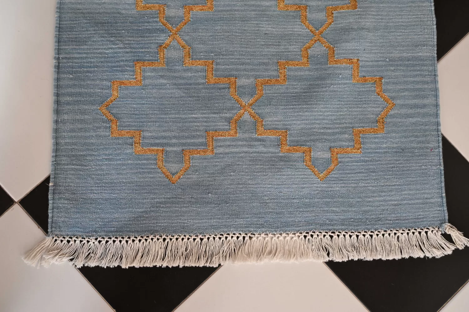 reversible light blue cotton rug handmade Jodhpur