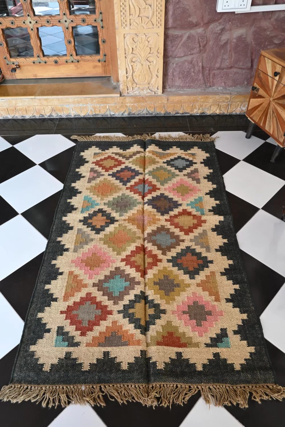 Geometric Diamond Colorful Area Rug, Beige & Multi, 3x5 ft | Rugmoda - Texture Detail beige jute dhurrie rug flatweave texture