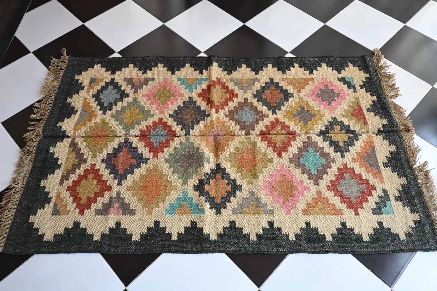 Geometric Diamond Colorful Area Rug, Beige & Multi, 3x5 ft | Rugmoda - Reverse Side reversible beige jute rug handmade Jodhpur