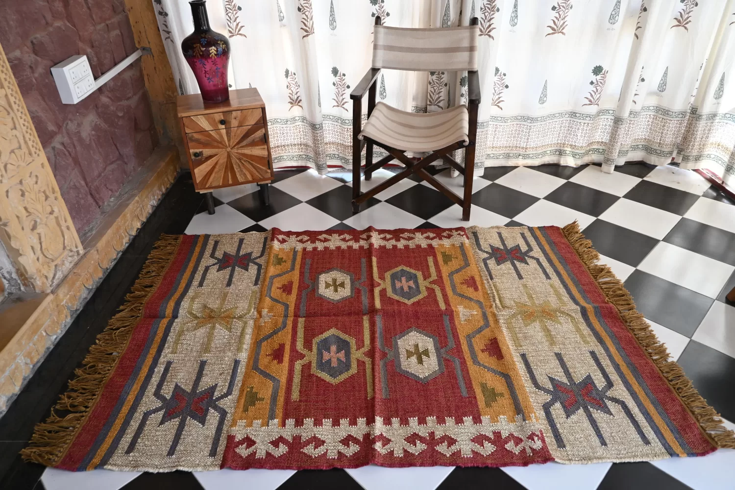 Geometric Tribal Colorful Area Rug, Rust & Beige Jute, 4x6 ft | Rugmoda - Main View colorful area rugs rust Rugmoda