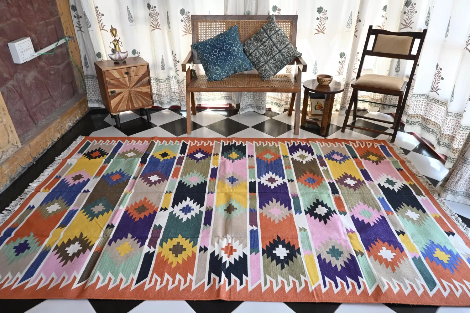 orange cotton dhurrie rug flatweave texture