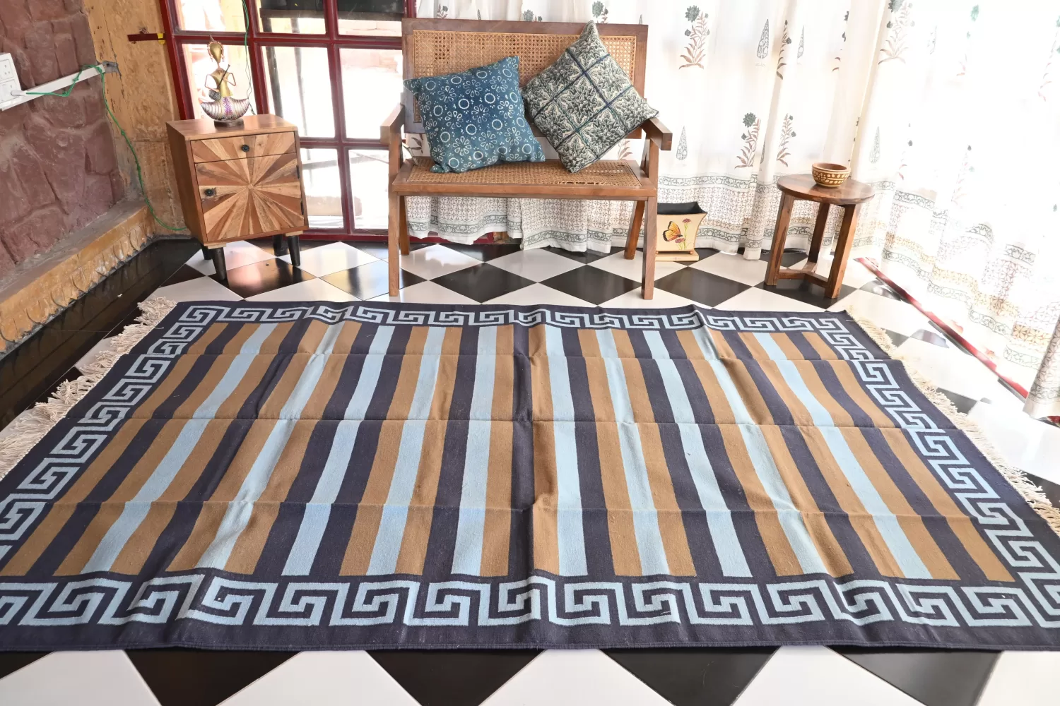 dark blue cotton dhurrie rug flatweave texture