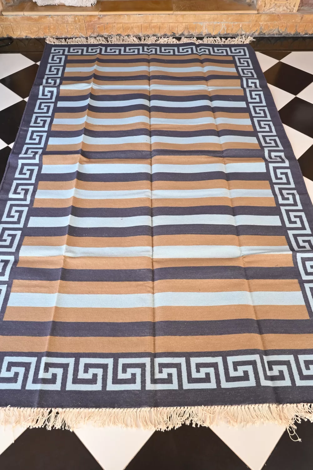 reversible dark blue cotton rug handmade Jodhpur
