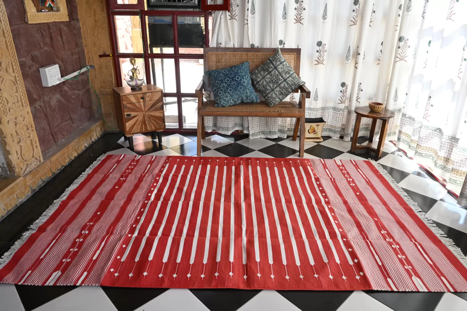 red cotton dhurrie rug flatweave texture
