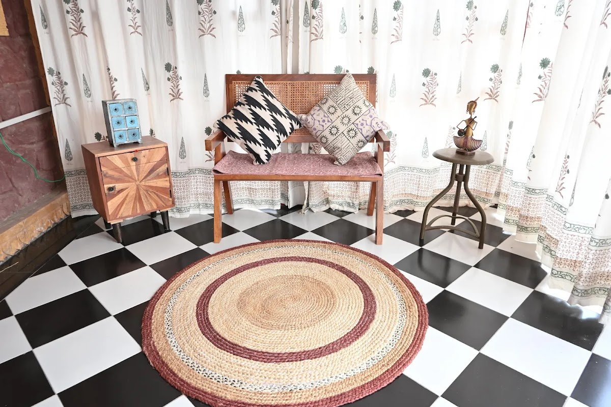Natural Jute & Maroon Braided Round area rug 4x4 ft | Rugmoda - Main View area rug natural jute Rugmoda